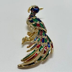 Vintage Colorful Gold Enamel And Crystal Peacock Brooch